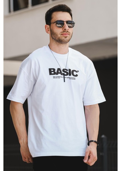 Basic Kabartma Baskılı Pamuklu Bisiklet Yaka Oversize Erkek Tshirt fiyatları