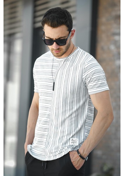 Nezza Çizgili Parçalı Eteği Oval Slim Fit Likralı Erkek Tshirt