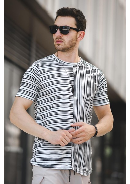 Nezza Çizgili Parçalı Eteği Oval Slim Fit Likralı Erkek Tshirt