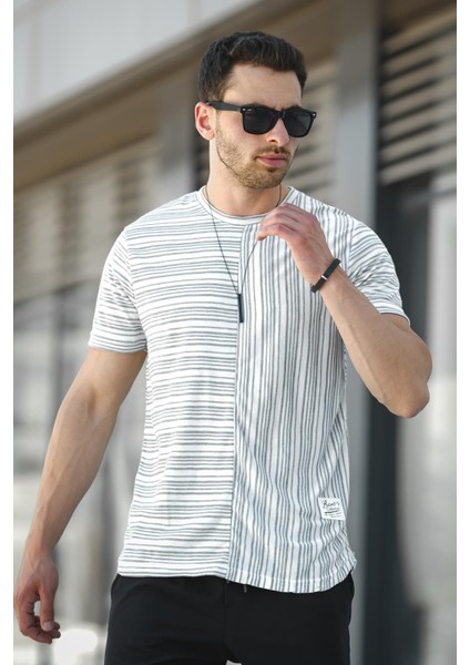 Nezza Çizgili Parçalı Eteği Oval Slim Fit Likralı Erkek Tshirt