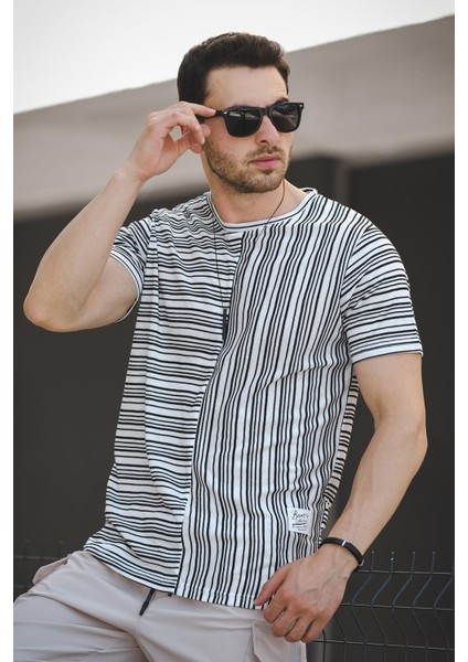 Nezza Çizgili Parçalı Eteği Oval Slim Fit Likralı Erkek Tshirt modelleri