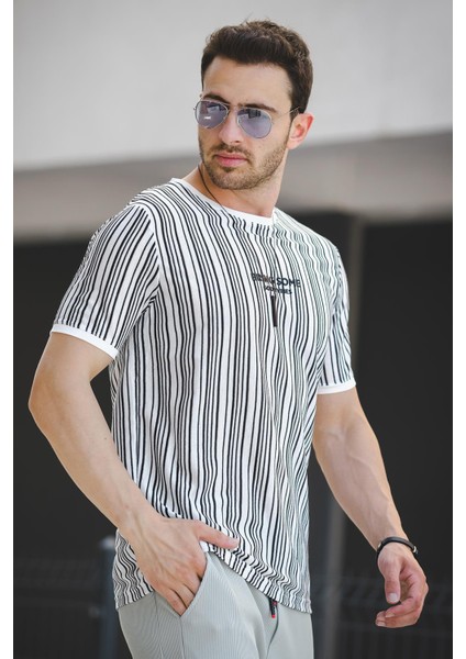 Bring Some Baskılı Çizgili Slim Fit Likralı Erkek Tshirt