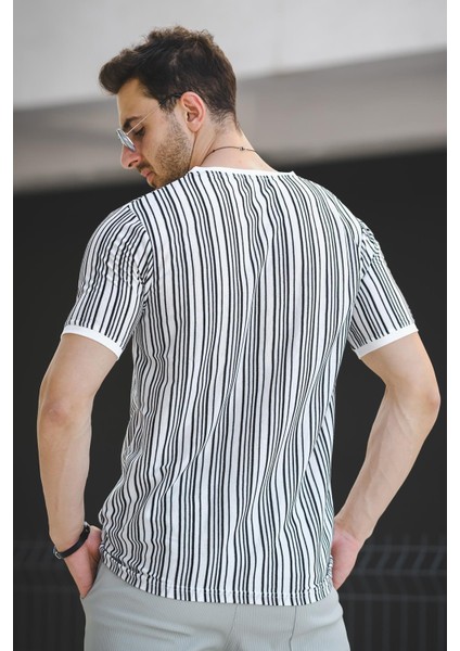 Bring Some Baskılı Çizgili Slim Fit Likralı Erkek Tshirt