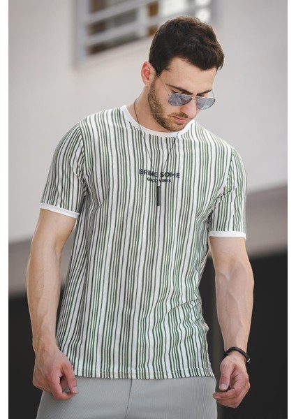 Bring Some Baskılı Çizgili Slim Fit Likralı Erkek Tshirt