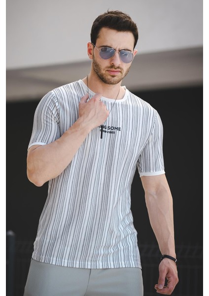 Bring Some Baskılı Çizgili Slim Fit Likralı Erkek Tshirt