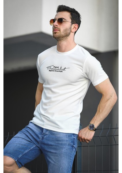 Mizza Flok Baskılı Waffle Desen Slim Fit Likralı Erkek Tshirt