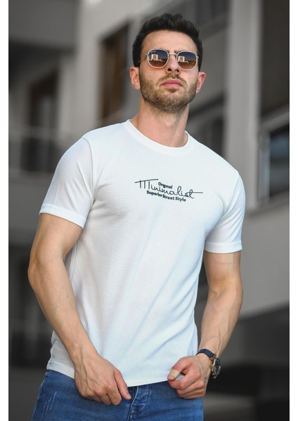 Mizza Flok Baskılı Waffle Desen Slim Fit Likralı Erkek Tshirt modelleri