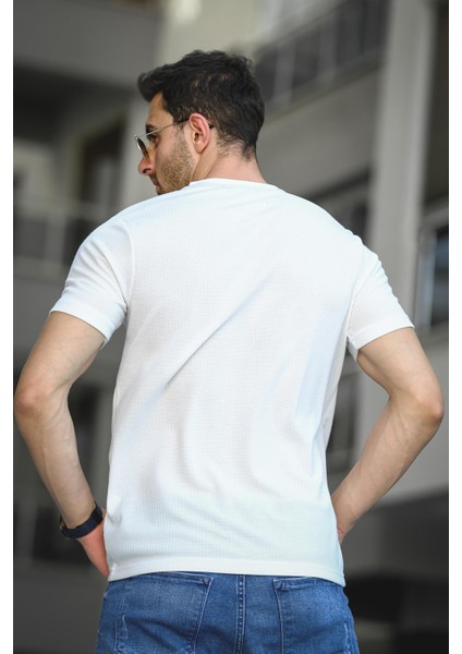 Mizza Flok Baskılı Waffle Desen Slim Fit Likralı Erkek Tshirt fırsatları