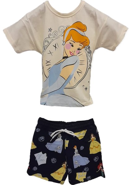 4151 %100 Pamulu Kız Çocuk Baskılı Şort Takım - Ekru-Lacivert - 4-5 Yaş