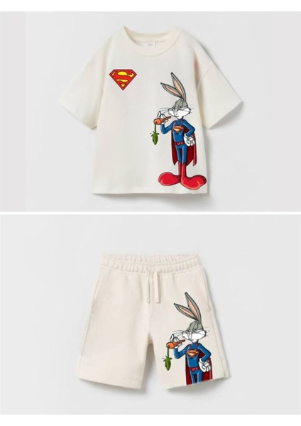 3550 %100 Pamulu Erkek Çocuk Baskılı Şort Takım - Krem - 2-3 Yaş modelleri