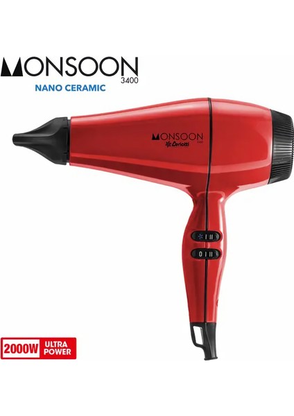 Monsoon 3400 Saç Kurutma Makinesi Kırmızı (Made In Italy)