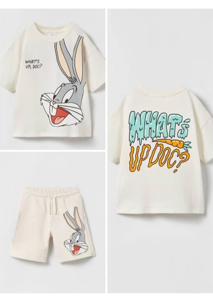3945 %100 Pamulu Erkek Çocuk Baskılı Şort Takım - Krem - 2-3 Yaş modelleri