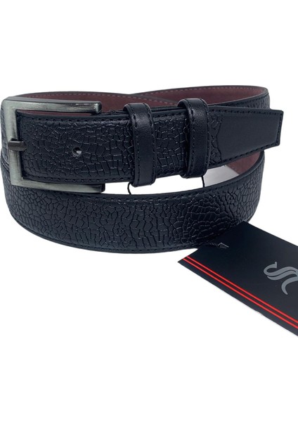 Siyah Çocuk Boy Suni Deri Damar Desenli Model 3 Cm.lik Klasik Kemer - G63-23TM