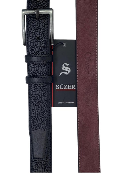 Siyah Çocuk Boy Suni Deri Damar Desenli Model 3 Cm.lik Klasik Kemer - G63-23TM