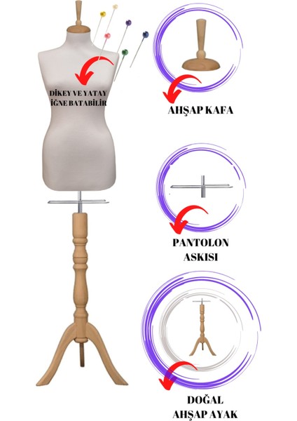 Sünger Iğne Batabilen 38 Beden Beyaz Kumaşlı Ahşap Ayaklı Terzi Mankeni Prova Mankeni