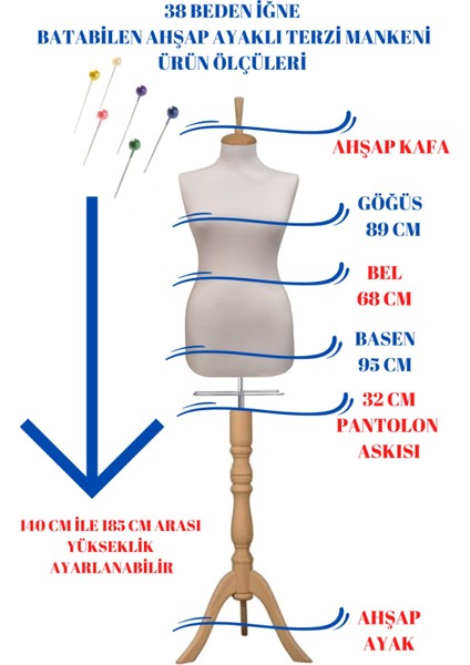 Sünger Iğne Batabilen 38 Beden Beyaz Kumaşlı Ahşap Ayaklı Terzi Mankeni Prova Mankeni fiyatları