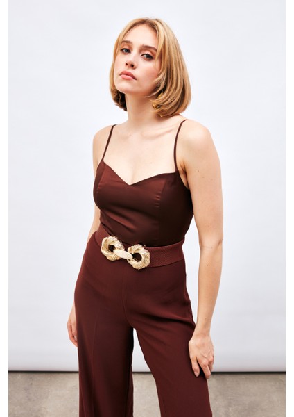 Ip Askılı Saten Crop Bluz - Kahve