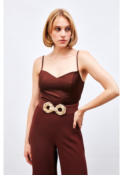 Ip Askılı Saten Crop Bluz - Kahve