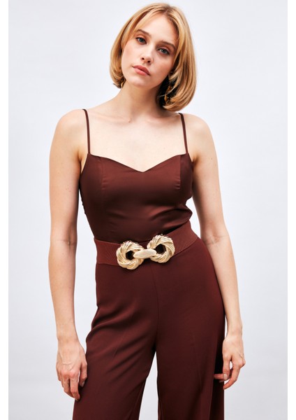 Ip Askılı Saten Crop Bluz - Kahve