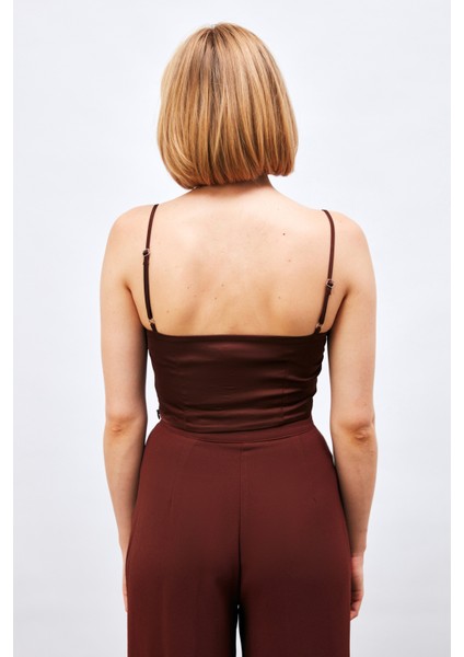 Ip Askılı Saten Crop Bluz - Kahve