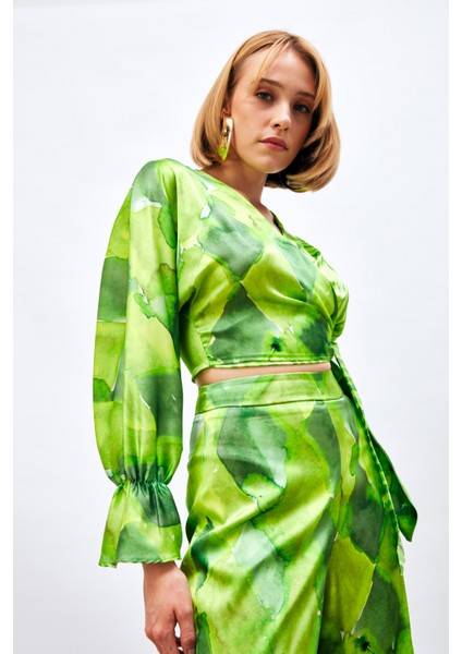 Yan Bağlamalı Desenli Bluz - Yeşil fiyatları