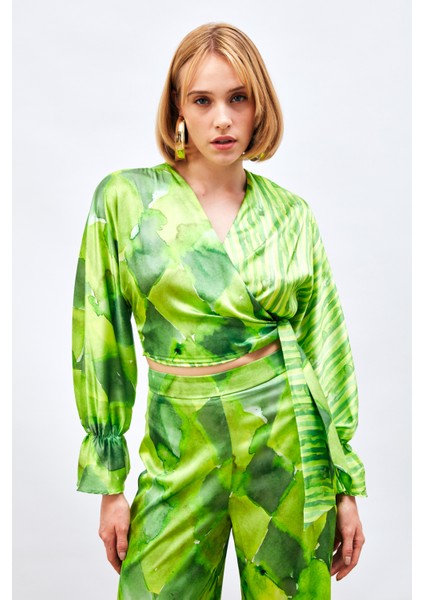 Yan Bağlamalı Desenli Bluz - Yeşil modelleri