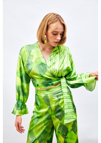 Yan Bağlamalı Desenli Bluz - Yeşil fırsatları