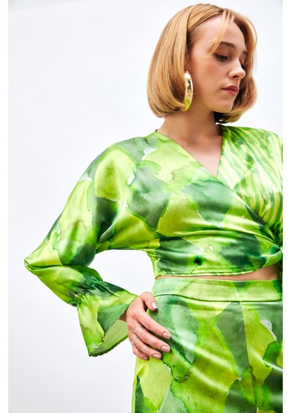 Yan Bağlamalı Desenli Bluz - Yeşil indirimleri