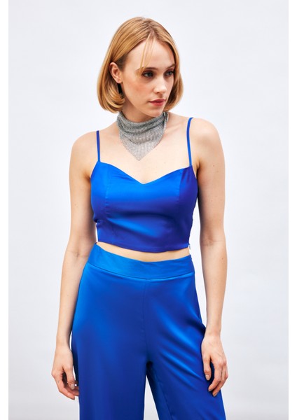 Ip Askılı Saten Crop Bluz - Sax Mavi