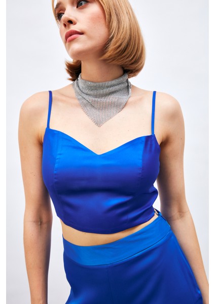 Ip Askılı Saten Crop Bluz - Sax Mavi