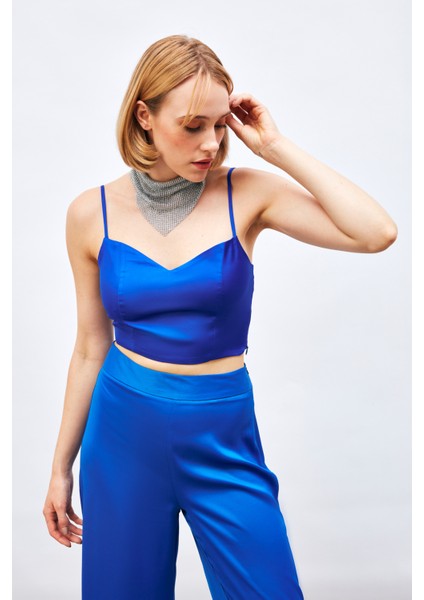 Ip Askılı Saten Crop Bluz - Sax Mavi