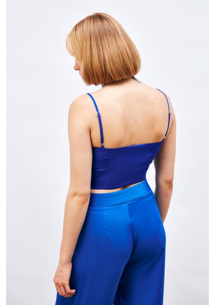 Ip Askılı Saten Crop Bluz - Sax Mavi