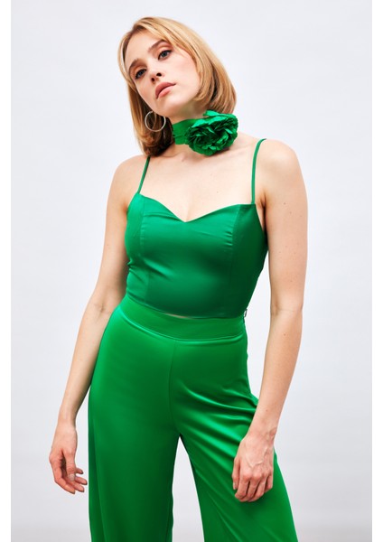 Ip Askılı Saten Crop Bluz - Yeşil