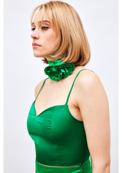 Ip Askılı Saten Crop Bluz - Yeşil