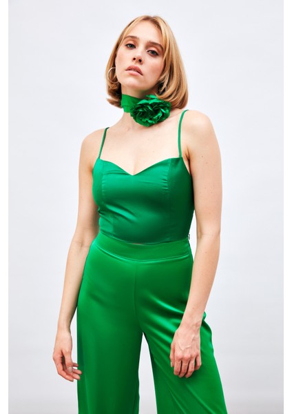 Ip Askılı Saten Crop Bluz - Yeşil