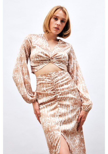 Düğüm Detaylı Desenli Bluz - Kahve