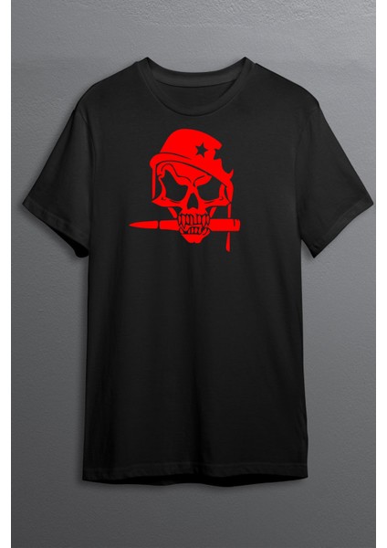 Kurukafa Baskılı Pamuklu Likralı T-Shirt (Kırmızı Desenli Siyah