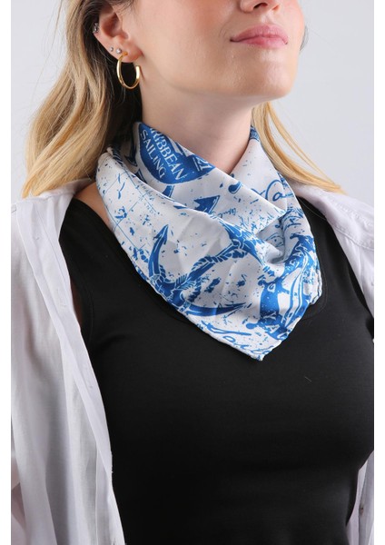 La Pescara Beyaz - Mavi Denizci Motif Fular Bandana 55-55 cm KDNF26