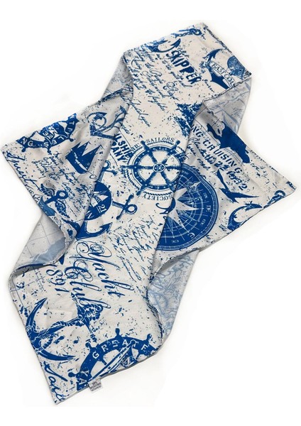 La Pescara Beyaz - Mavi Denizci Motif Fular Bandana 55-55 cm KDNF26