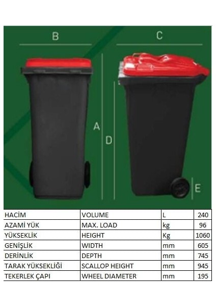 Konteyner 240 Lt Yeşil fiyatları