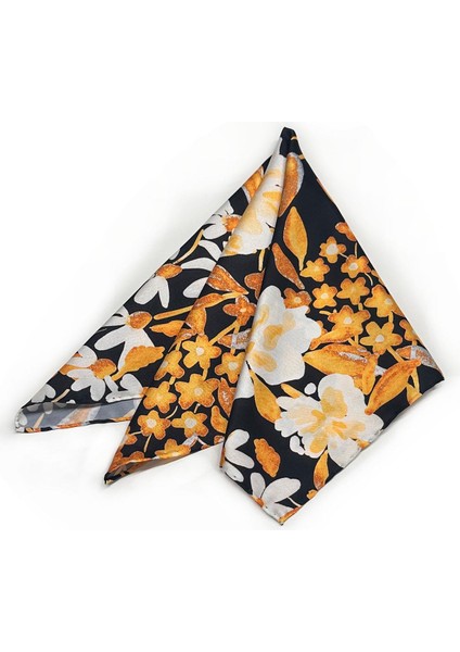 La Pescara Siyah - Sarı Çiçek Desen Fular Bandana 55-55 cm KDNF07