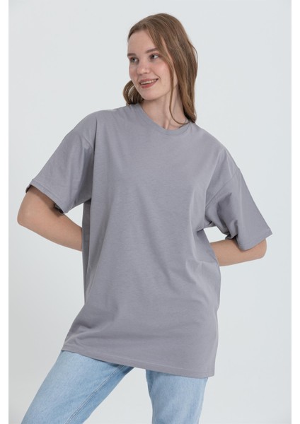 R-5741 Bisiklet Yaka Oversize Arka Kuru Kafa Baskılı T-Shirt