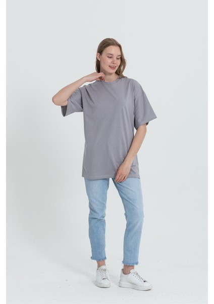 R-5741 Bisiklet Yaka Oversize Arka Kuru Kafa Baskılı T-Shirt