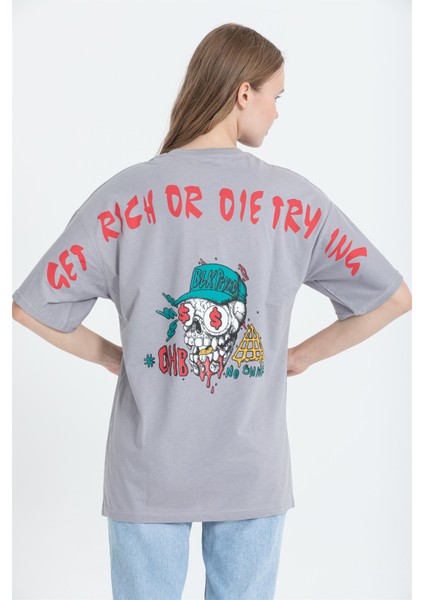 R-5741 Bisiklet Yaka Oversize Arka Kuru Kafa Baskılı T-Shirt
