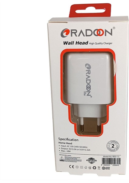 Radoon Rdo-13 18W 3 Amper Hızlı Duvar Şarj Başlığı Quick Charger