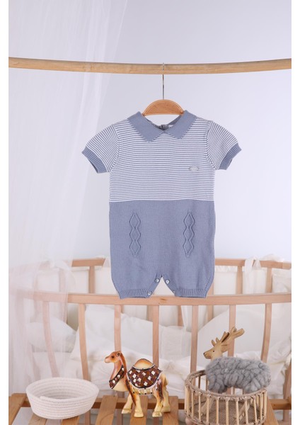 Kısa Kol Çizgili Erkek Bebek Yazlık Triko Tulum 5502