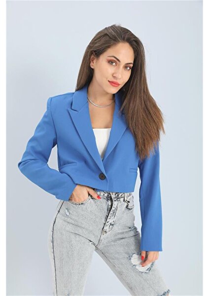 Çift Peto Cepli Kısa Crop Blazer Ceket - Saksmavisi