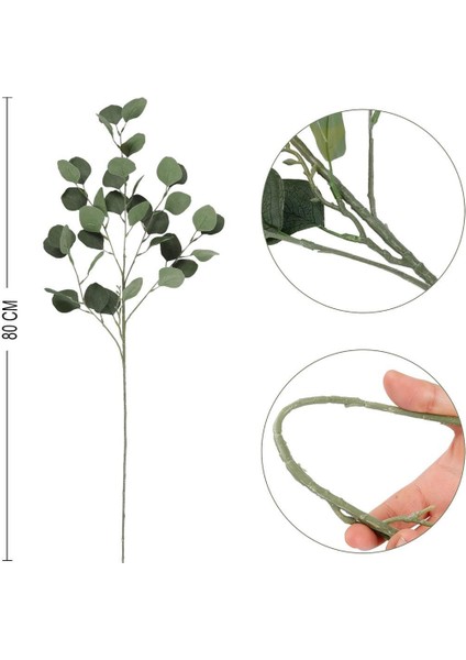 Yapay Çiçek Yeşil Okaliptus Tek Dal Kumaş Yapraklı Uzun Dal 80CM Eucalyptus