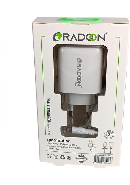 Radoon Rdo-12 iPhone Uyumlu 18W 3 Amper Lightning Hızlı Şarj Aleti Quick Charger