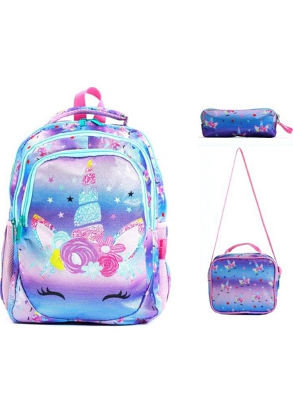 Yeni Sezon Beslenme Çantası ve Kalemlik Hediyeli Ortopedik -Unicorn Desenli 3 ' Lü Okul Çantası Seti
